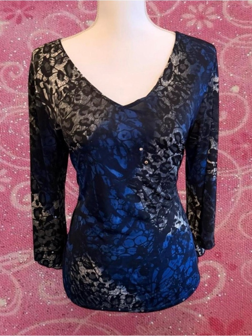 Y2K KEREN Hart Blue Sequin Patterned Sheer Long Sleeve Top